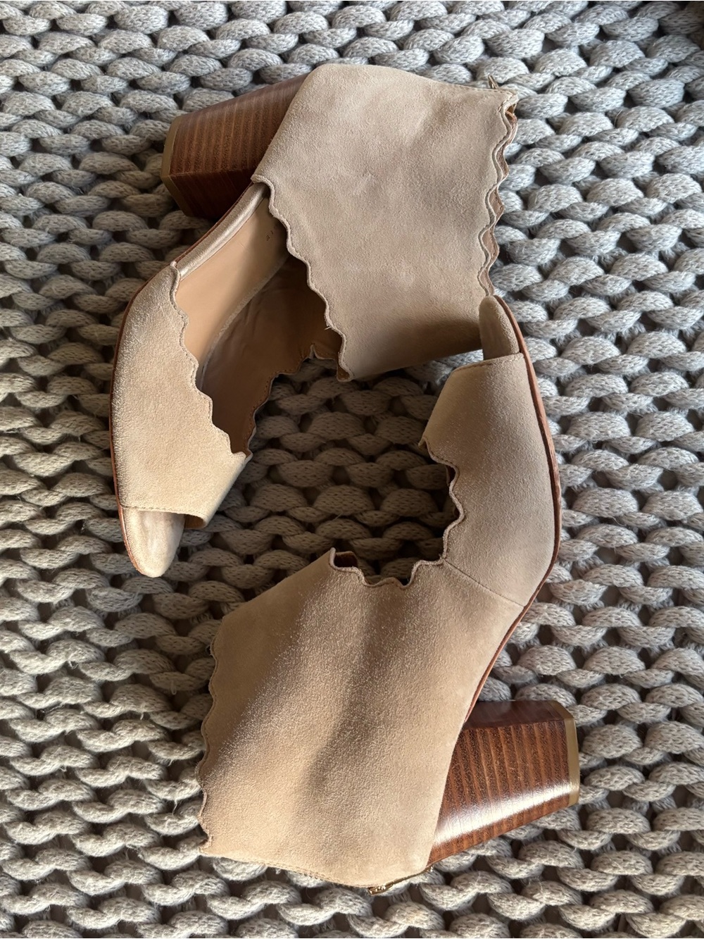 Anthropologie Suede Scalloped Heel Sandals